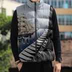 Personalised New Zealand Pakeha Sleeveless Puffer Jacket Kiwi Silver Fern and Sailing Ship Compass