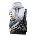 Personalised New Zealand Pakeha Sleeveless Zip Hoodie Kiwi Silver Fern and Sailing Ship Compass