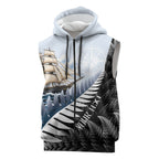 Personalised New Zealand Pakeha Sleeveless Zip Hoodie Kiwi Silver Fern and Sailing Ship Compass