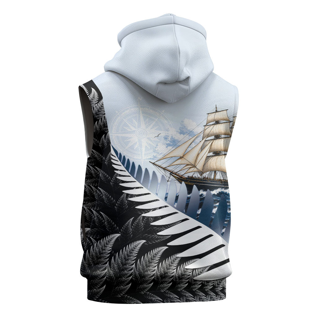 Personalised New Zealand Pakeha Sleeveless Zip Hoodie Kiwi Silver Fern and Sailing Ship Compass