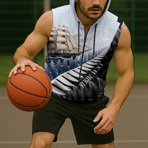 Personalised New Zealand Pakeha Sleeveless Zip Hoodie Kiwi Silver Fern and Sailing Ship Compass