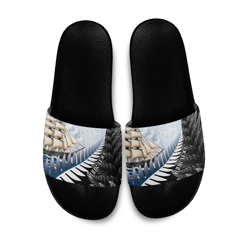 Personalised New Zealand Pakeha Slide Sandals Kiwi Silver Fern and Sailing Ship Compass