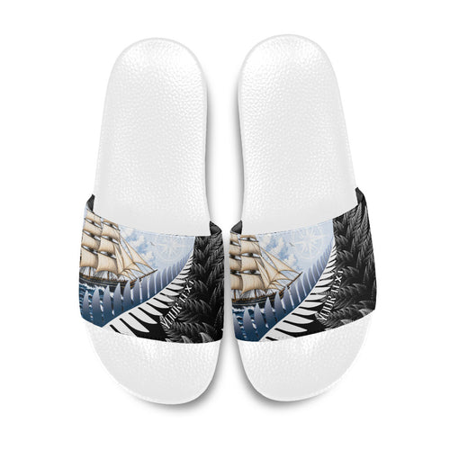 Personalised New Zealand Pakeha Slide Sandals Kiwi Silver Fern and Sailing Ship Compass
