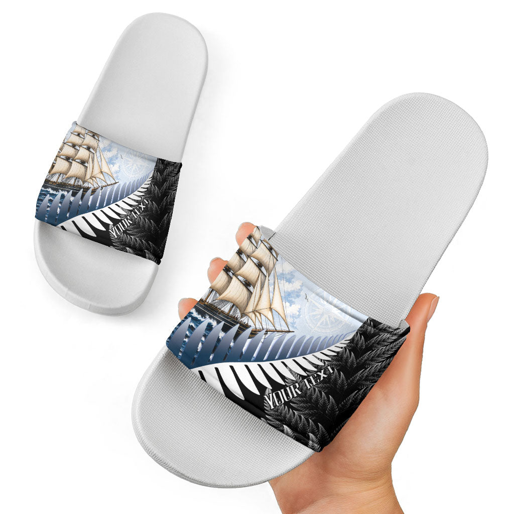 Personalised New Zealand Pakeha Slide Sandals Kiwi Silver Fern and Sailing Ship Compass