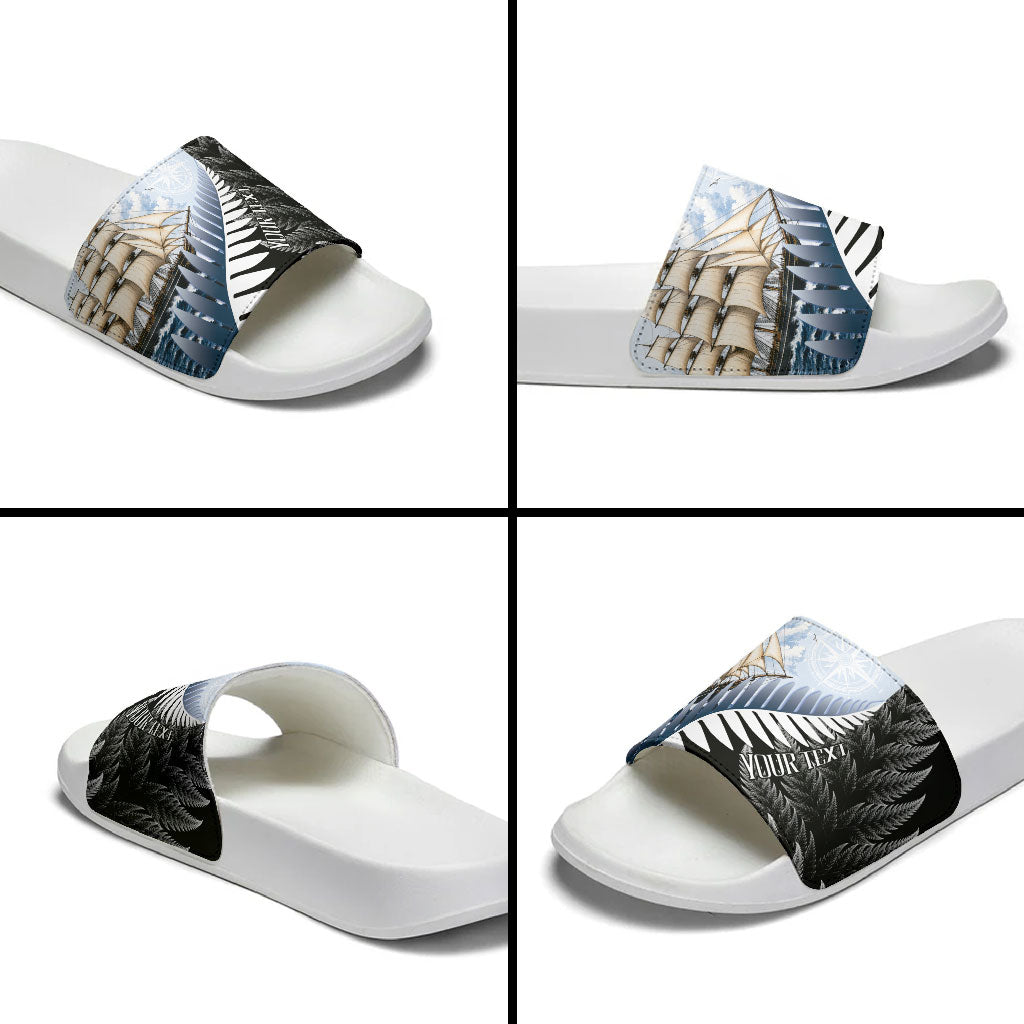 Personalised New Zealand Pakeha Slide Sandals Kiwi Silver Fern and Sailing Ship Compass
