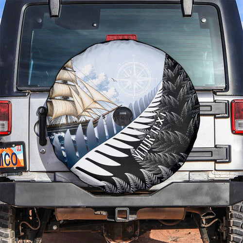 Personalised New Zealand Pakeha Spare Tire Cover Kiwi Silver Fern and Sailing Ship Compass