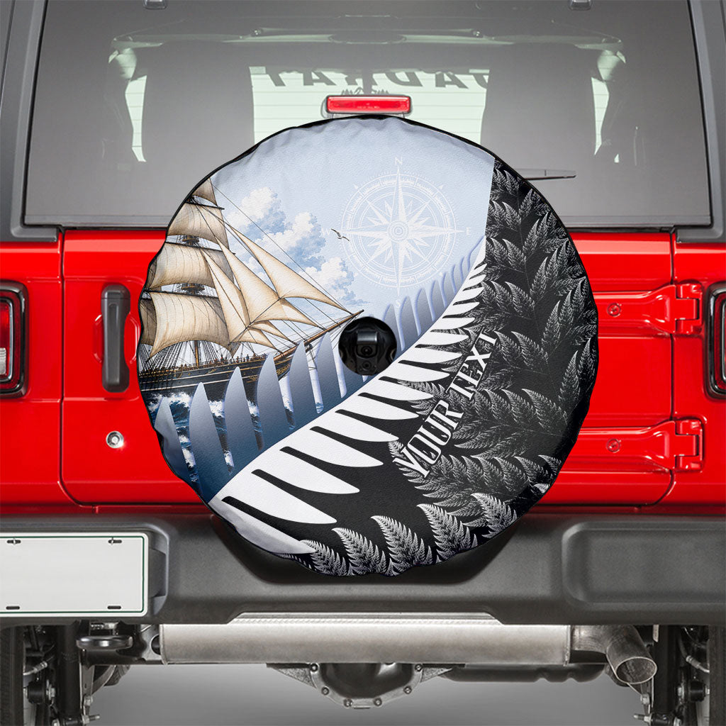 Personalised New Zealand Pakeha Spare Tire Cover Kiwi Silver Fern and Sailing Ship Compass