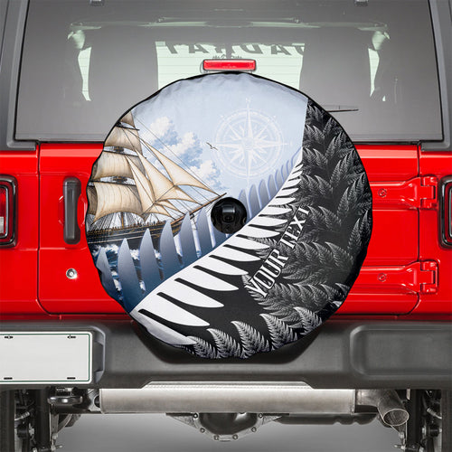 Personalised New Zealand Pakeha Spare Tire Cover Kiwi Silver Fern and Sailing Ship Compass