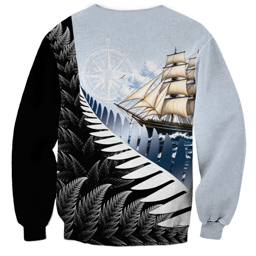 Personalised New Zealand Pakeha Sweatshirt Kiwi Silver Fern and Sailing Ship Compass