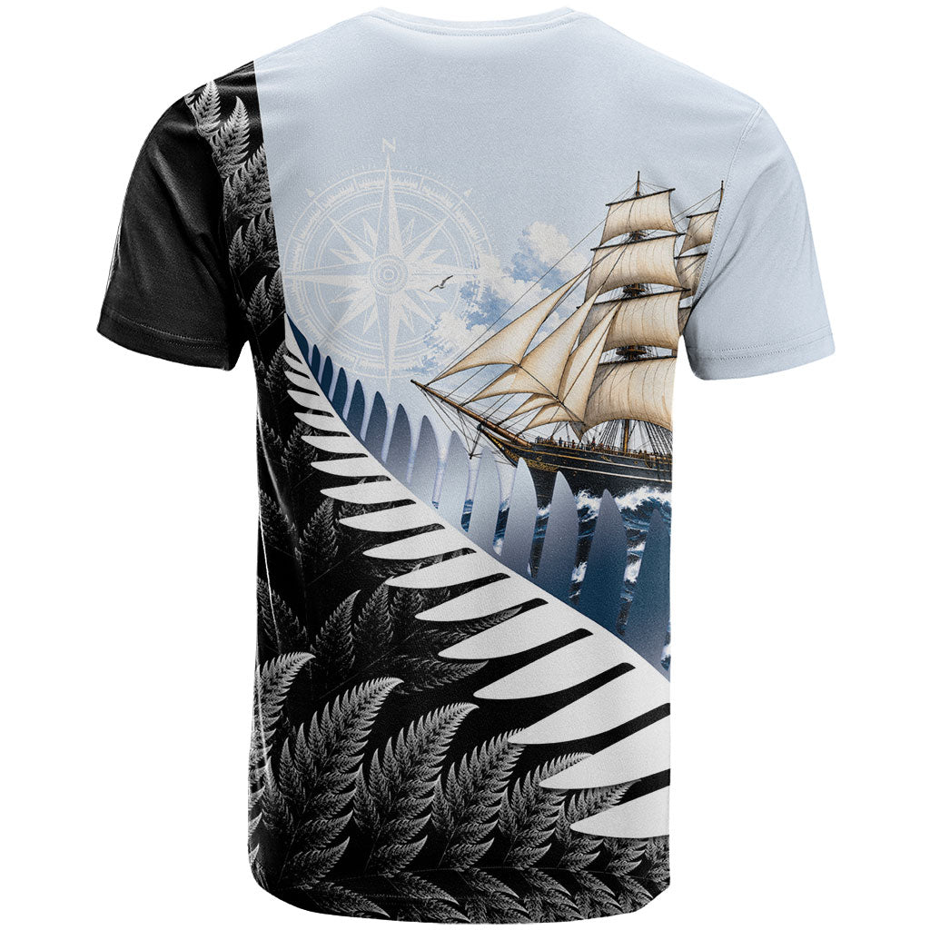 Personalised New Zealand Pakeha T Shirt Kiwi Silver Fern and Sailing Ship Compass