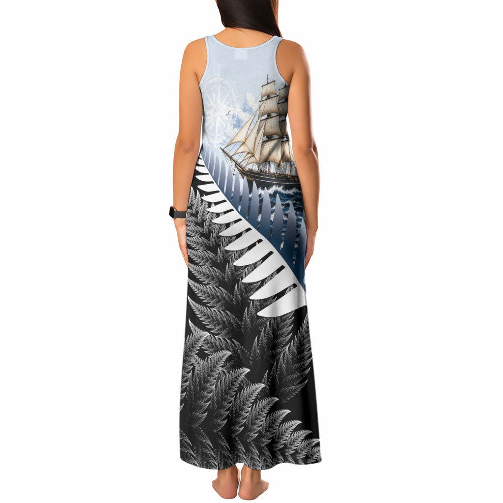 Personalised New Zealand Pakeha Tank Maxi Dress Kiwi Silver Fern and Sailing Ship Compass