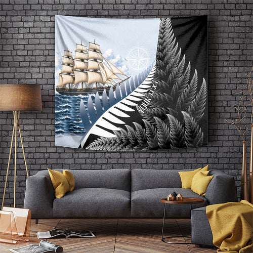 Personalised New Zealand Pakeha Tapestry Kiwi Silver Fern and Sailing Ship Compass