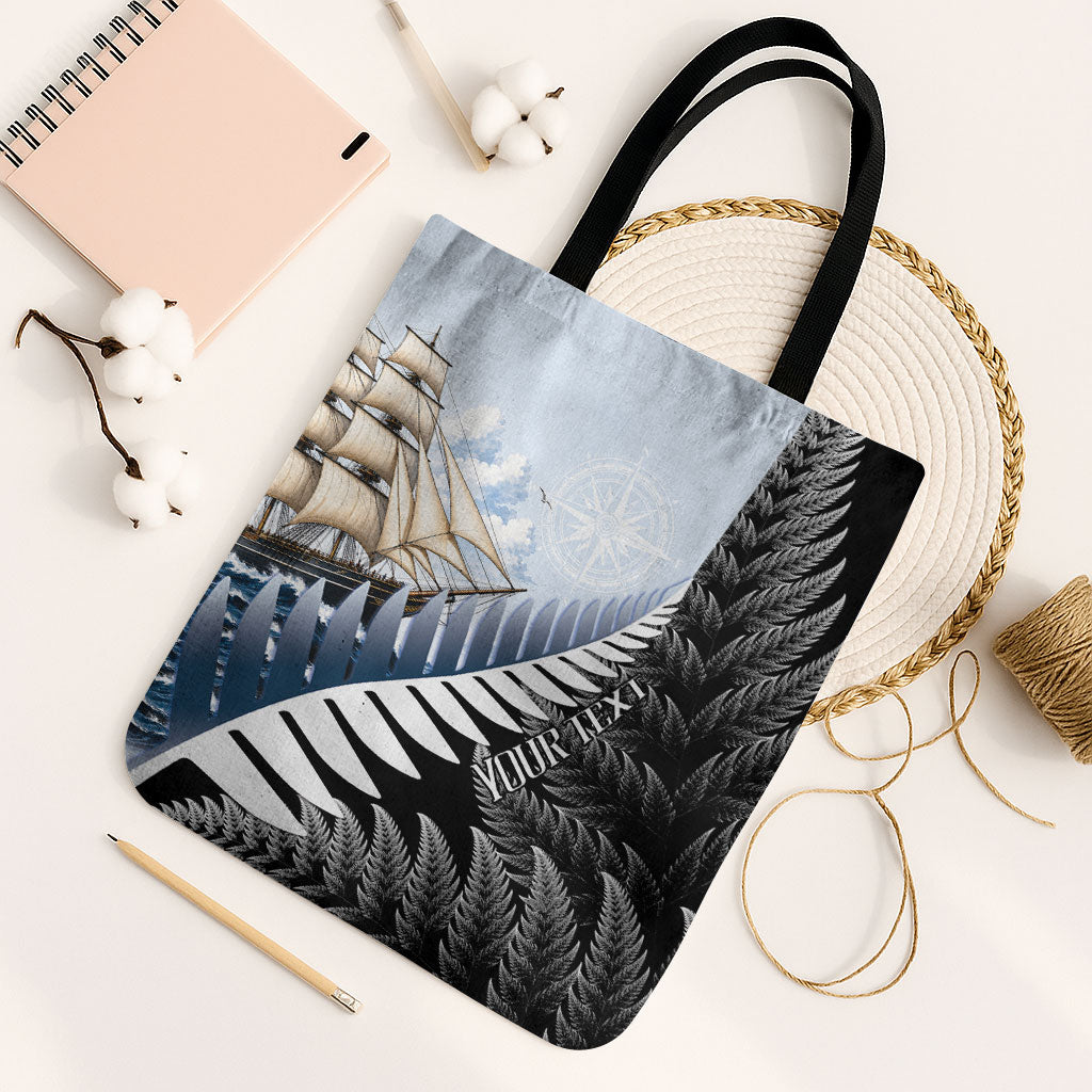 Personalised New Zealand Pakeha Tote Bag Kiwi Silver Fern and Sailing Ship Compass