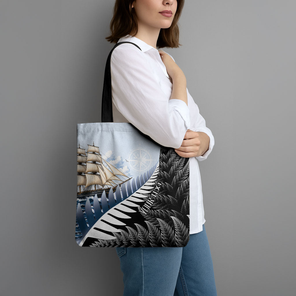 Personalised New Zealand Pakeha Tote Bag Kiwi Silver Fern and Sailing Ship Compass