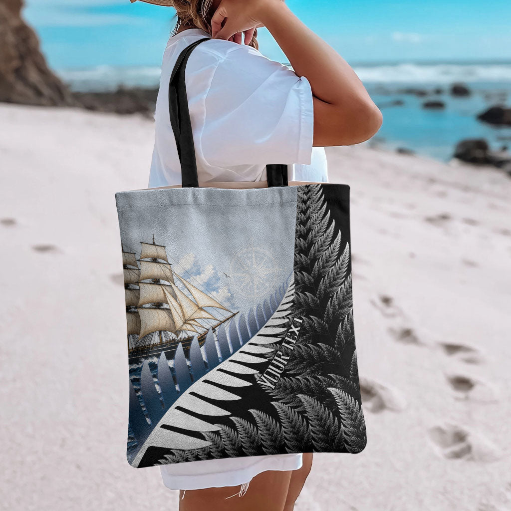 Personalised New Zealand Pakeha Tote Bag Kiwi Silver Fern and Sailing Ship Compass