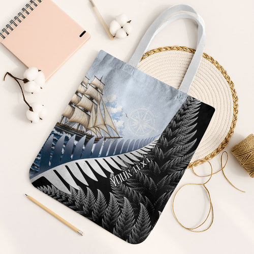 Personalised New Zealand Pakeha Tote Bag Kiwi Silver Fern and Sailing Ship Compass
