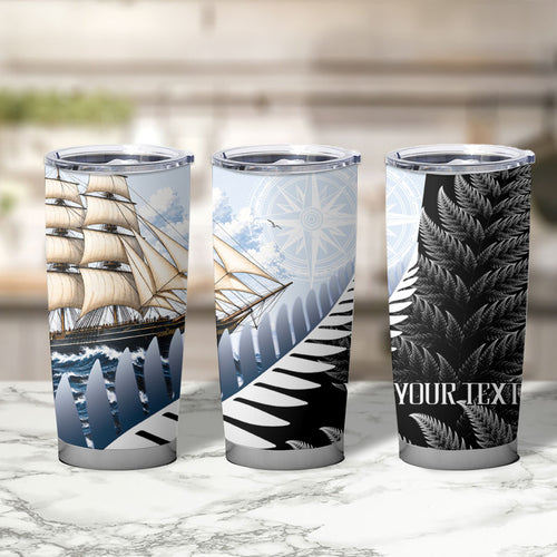 Personalised New Zealand Pakeha Tumbler Cup Kiwi Silver Fern and Sailing Ship Compass