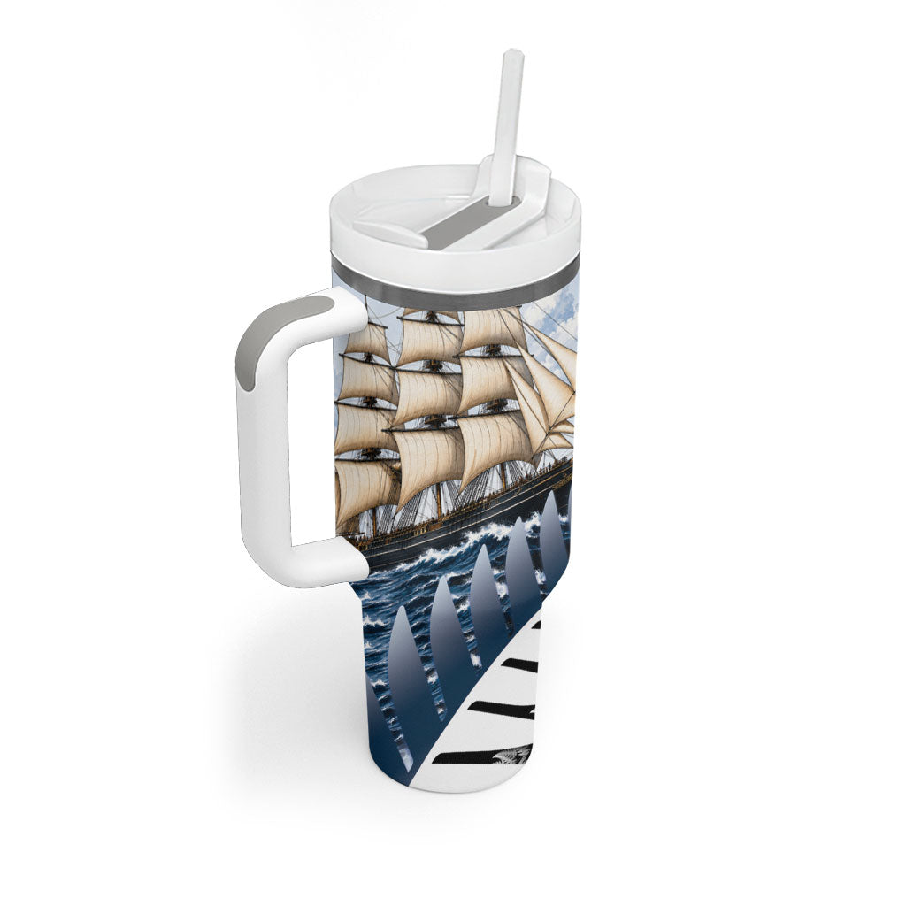 Personalised New Zealand Pakeha Tumbler With Handle Kiwi Silver Fern and Sailing Ship Compass