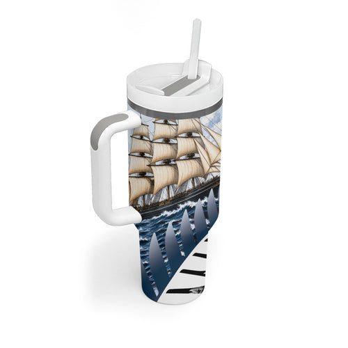 Personalised New Zealand Pakeha Tumbler With Handle Kiwi Silver Fern and Sailing Ship Compass
