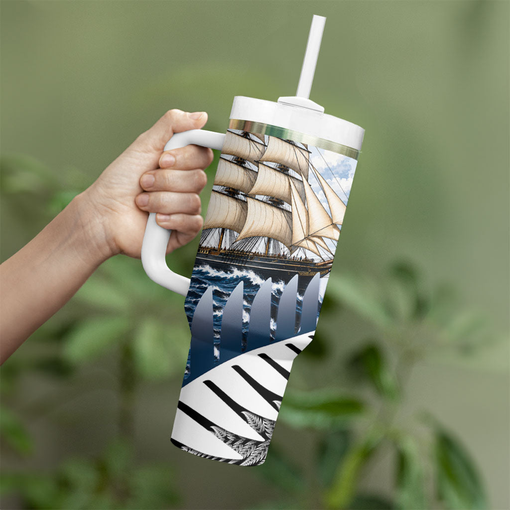 Personalised New Zealand Pakeha Tumbler With Handle Kiwi Silver Fern and Sailing Ship Compass