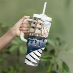 Personalised New Zealand Pakeha Tumbler With Handle Kiwi Silver Fern and Sailing Ship Compass