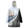 Personalised New Zealand Pakeha Wearable Blanket Hoodie Kiwi Silver Fern and Sailing Ship Compass
