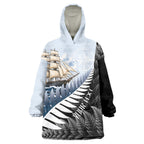 Personalised New Zealand Pakeha Wearable Blanket Hoodie Kiwi Silver Fern and Sailing Ship Compass