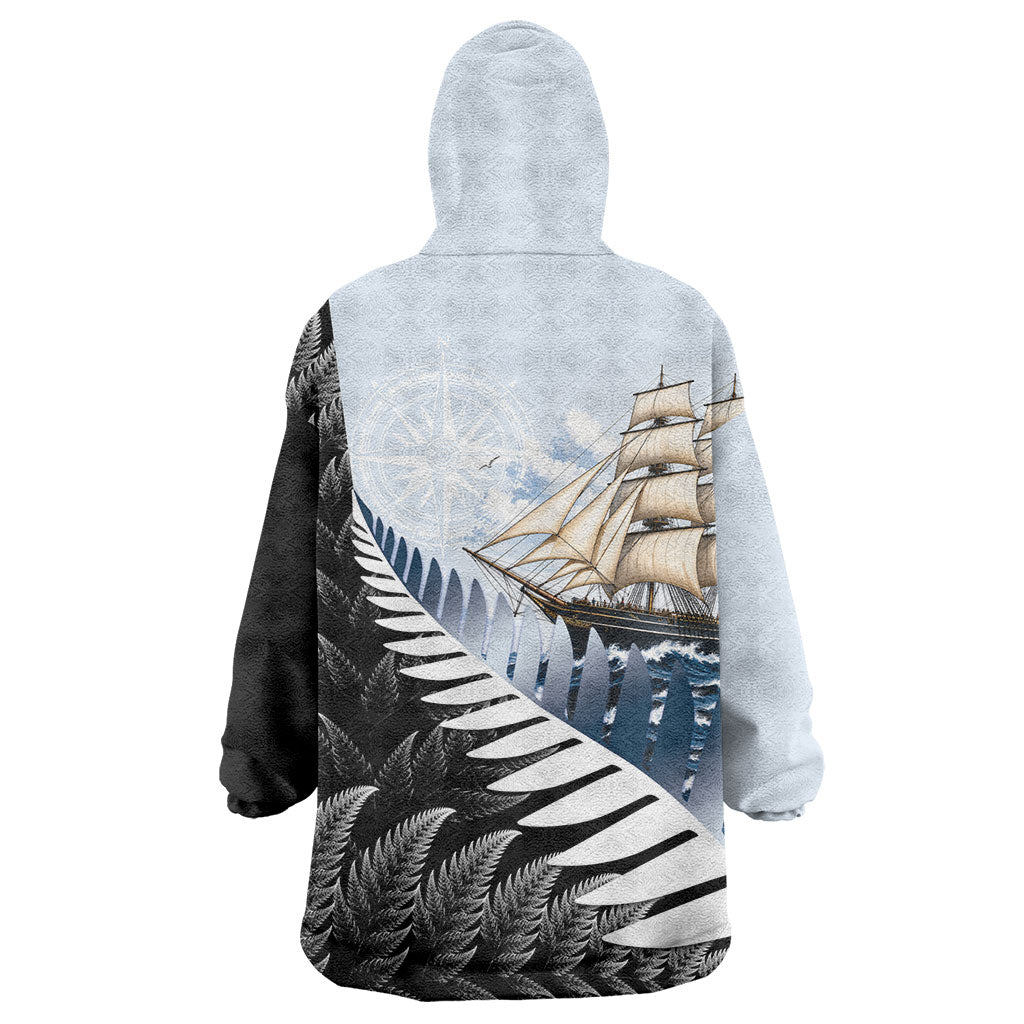 Personalised New Zealand Pakeha Wearable Blanket Hoodie Kiwi Silver Fern and Sailing Ship Compass