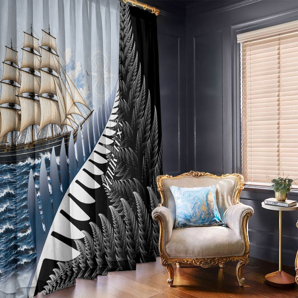 Personalised New Zealand Pakeha Window Curtain Kiwi Silver Fern and Sailing Ship Compass