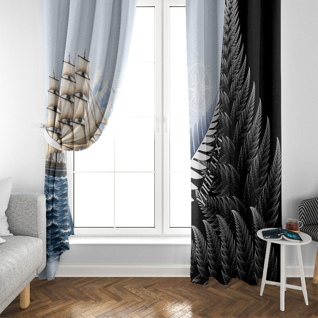 Personalised New Zealand Pakeha Window Curtain Kiwi Silver Fern and Sailing Ship Compass