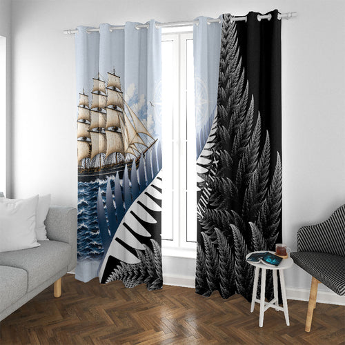 Personalised New Zealand Pakeha Window Curtain Kiwi Silver Fern and Sailing Ship Compass