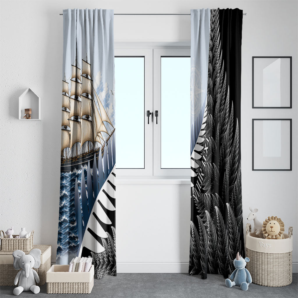 Personalised New Zealand Pakeha Window Curtain Kiwi Silver Fern and Sailing Ship Compass