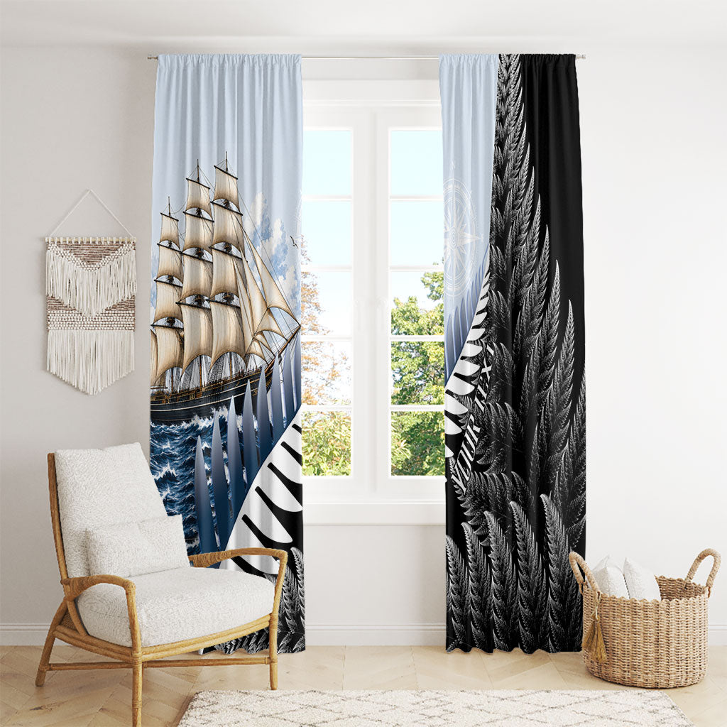Personalised New Zealand Pakeha Window Curtain Kiwi Silver Fern and Sailing Ship Compass
