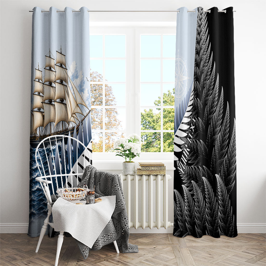 Personalised New Zealand Pakeha Window Curtain Kiwi Silver Fern and Sailing Ship Compass