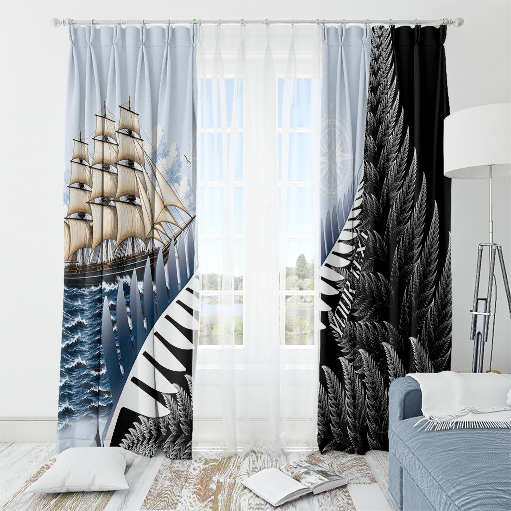 Personalised New Zealand Pakeha Window Curtain Kiwi Silver Fern and Sailing Ship Compass