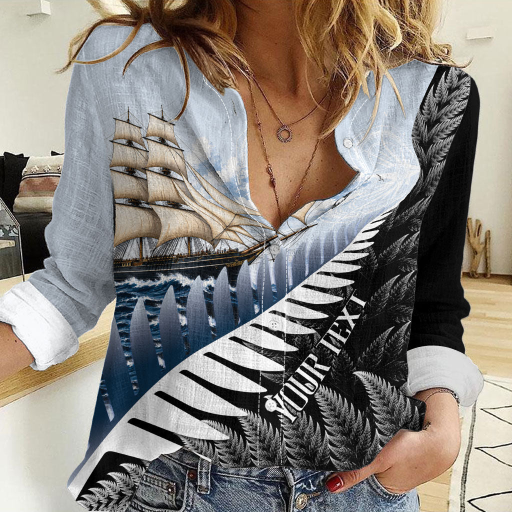 Personalised New Zealand Pakeha Women Casual Shirt Kiwi Silver Fern and Sailing Ship Compass