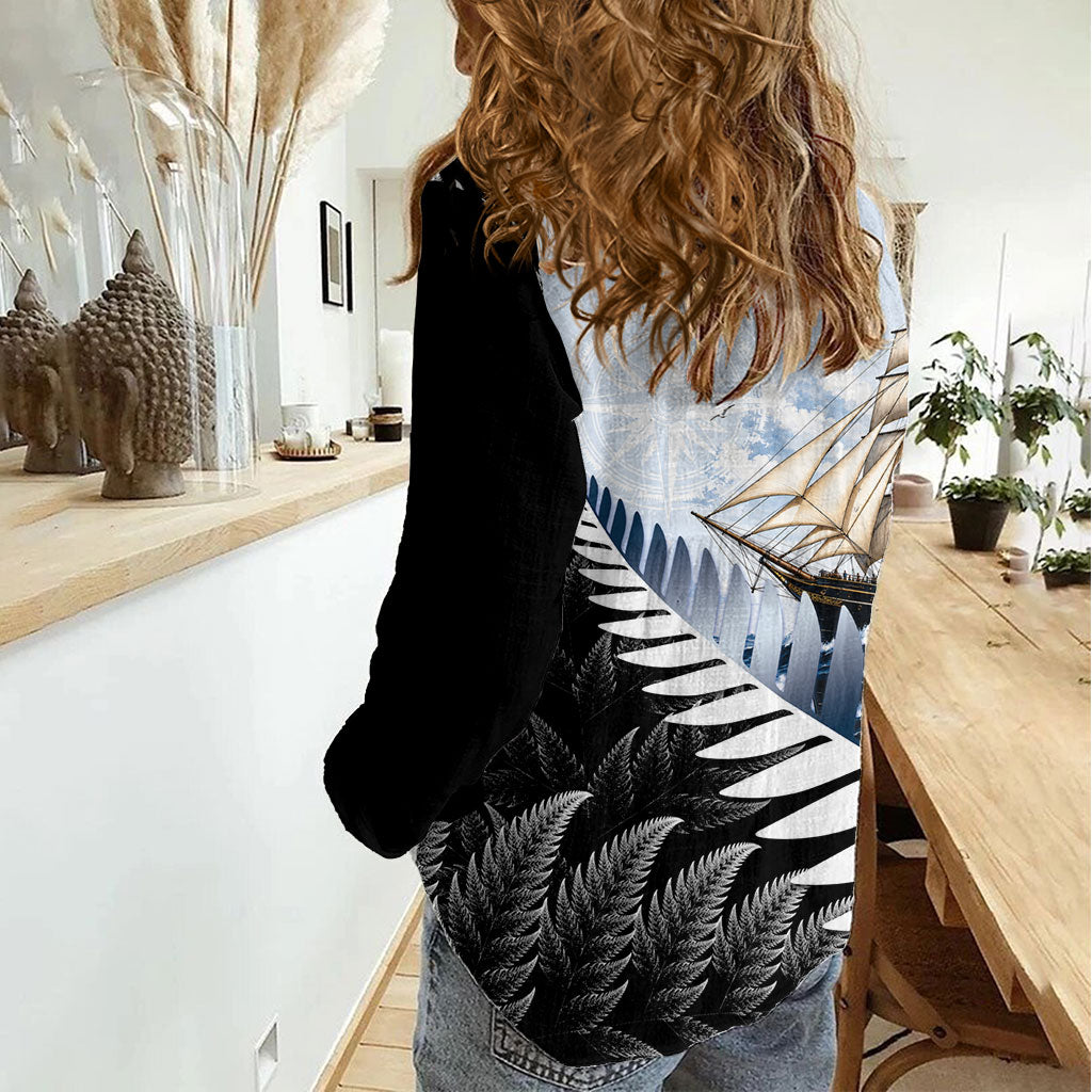 Personalised New Zealand Pakeha Women Casual Shirt Kiwi Silver Fern and Sailing Ship Compass
