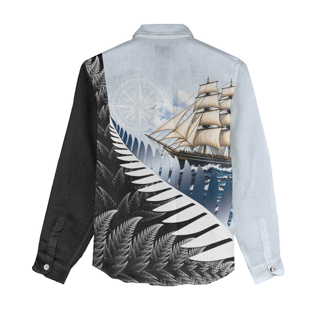 Personalised New Zealand Pakeha Women Casual Shirt Kiwi Silver Fern and Sailing Ship Compass