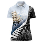 Personalised New Zealand Pakeha Women Polo Shirt Kiwi Silver Fern and Sailing Ship Compass