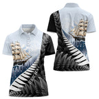 Personalised New Zealand Pakeha Women Polo Shirt Kiwi Silver Fern and Sailing Ship Compass