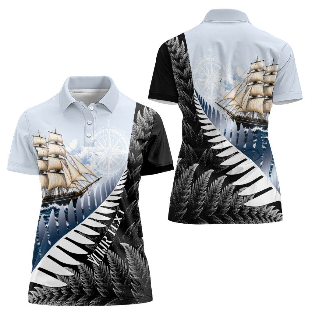 Personalised New Zealand Pakeha Women Polo Shirt Kiwi Silver Fern and Sailing Ship Compass