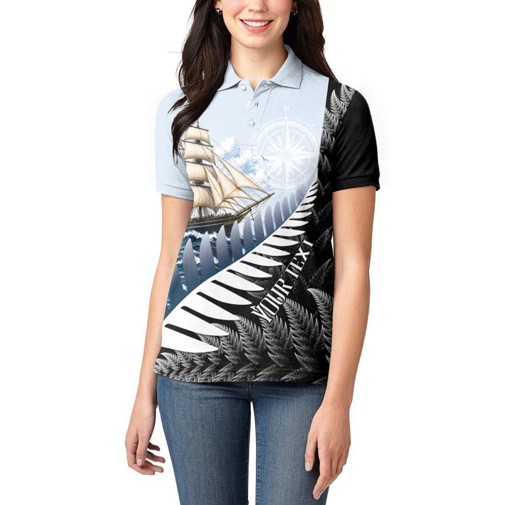 Personalised New Zealand Pakeha Women Polo Shirt Kiwi Silver Fern and Sailing Ship Compass