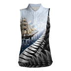 Personalised New Zealand Pakeha Women Sleeveless Polo Shirt Kiwi Silver Fern and Sailing Ship Compass