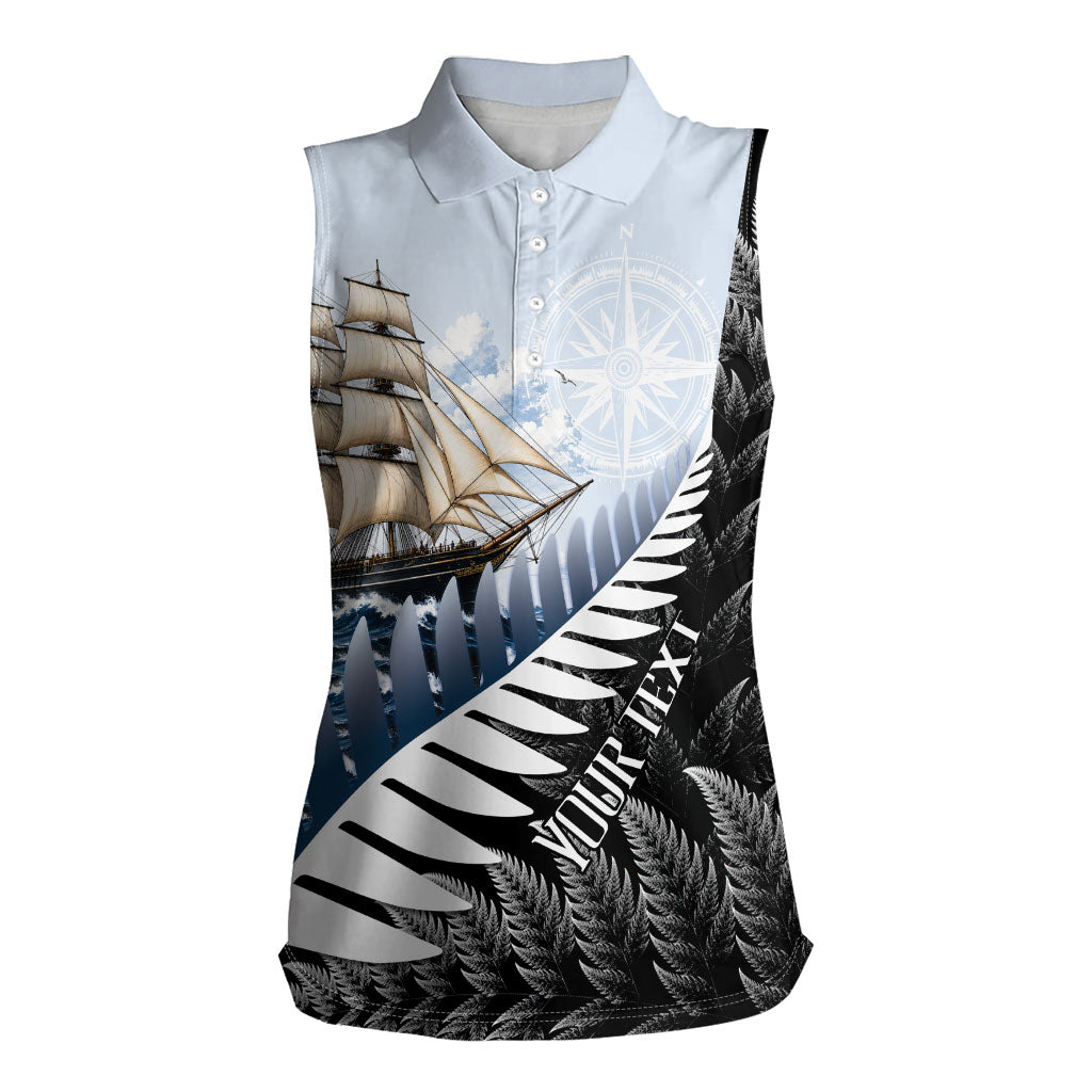 Personalised New Zealand Pakeha Women Sleeveless Polo Shirt Kiwi Silver Fern and Sailing Ship Compass