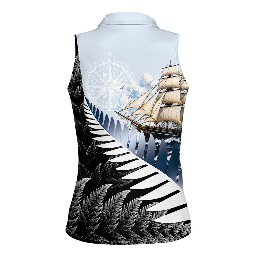 Personalised New Zealand Pakeha Women Sleeveless Polo Shirt Kiwi Silver Fern and Sailing Ship Compass