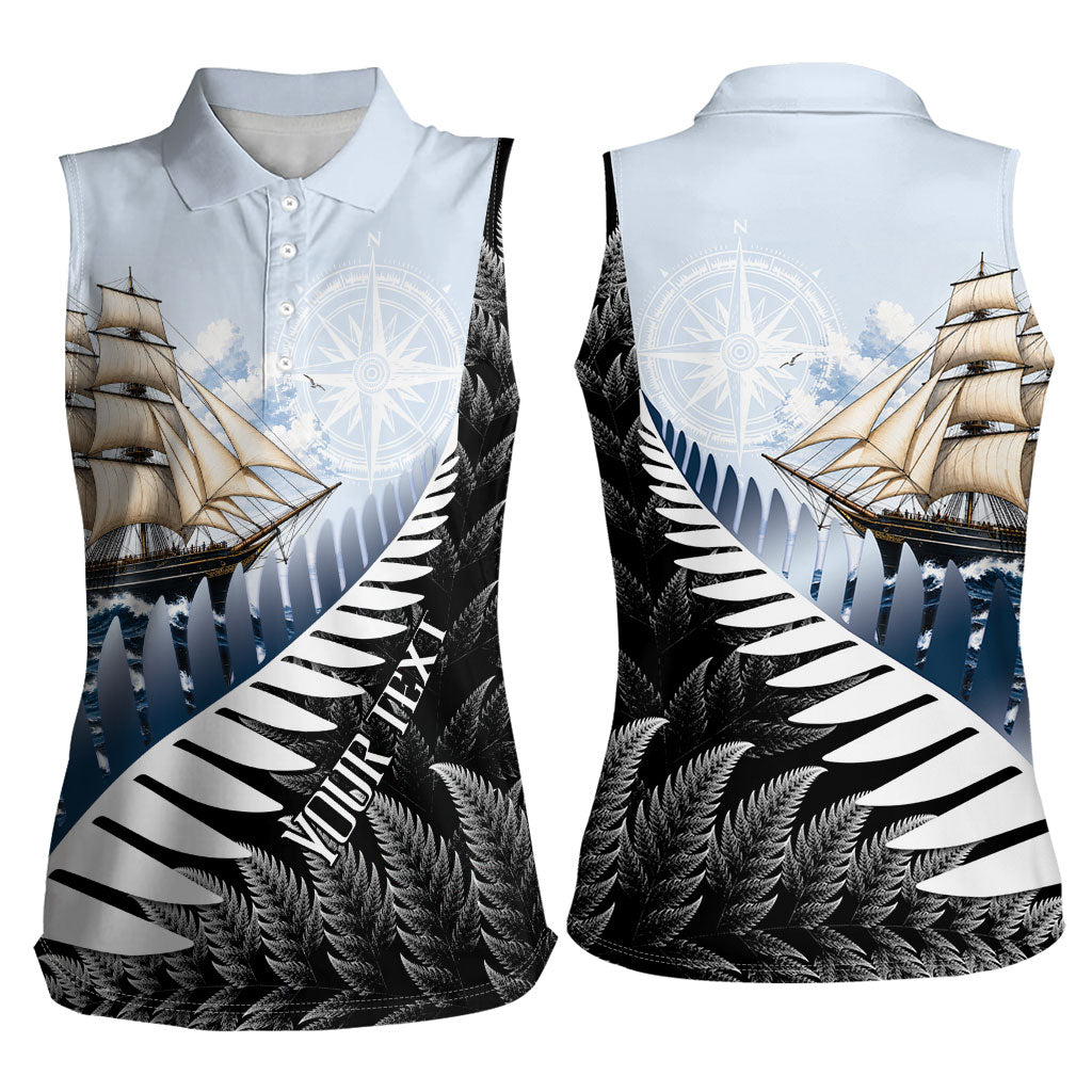 Personalised New Zealand Pakeha Women Sleeveless Polo Shirt Kiwi Silver Fern and Sailing Ship Compass
