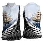 Personalised New Zealand Pakeha Women Sleeveless Polo Shirt Kiwi Silver Fern and Sailing Ship Compass