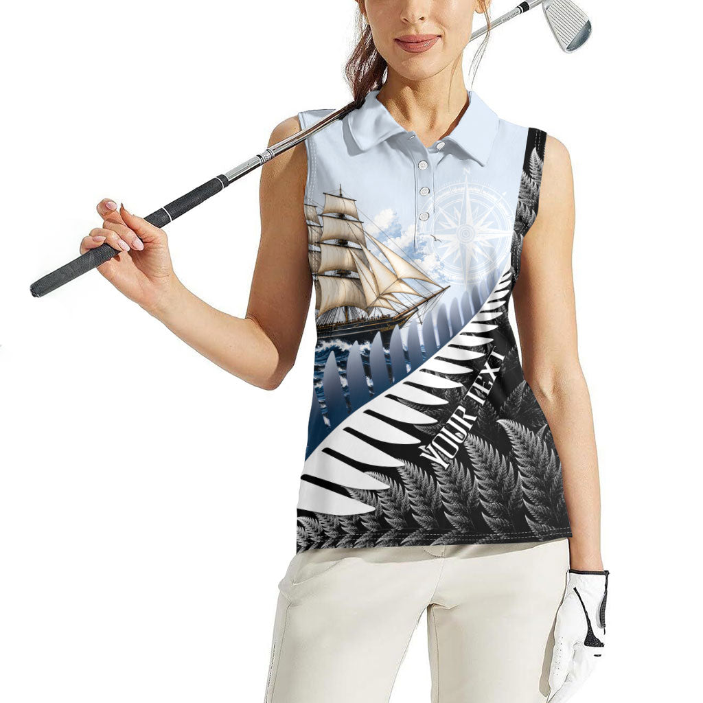 Personalised New Zealand Pakeha Women Sleeveless Polo Shirt Kiwi Silver Fern and Sailing Ship Compass