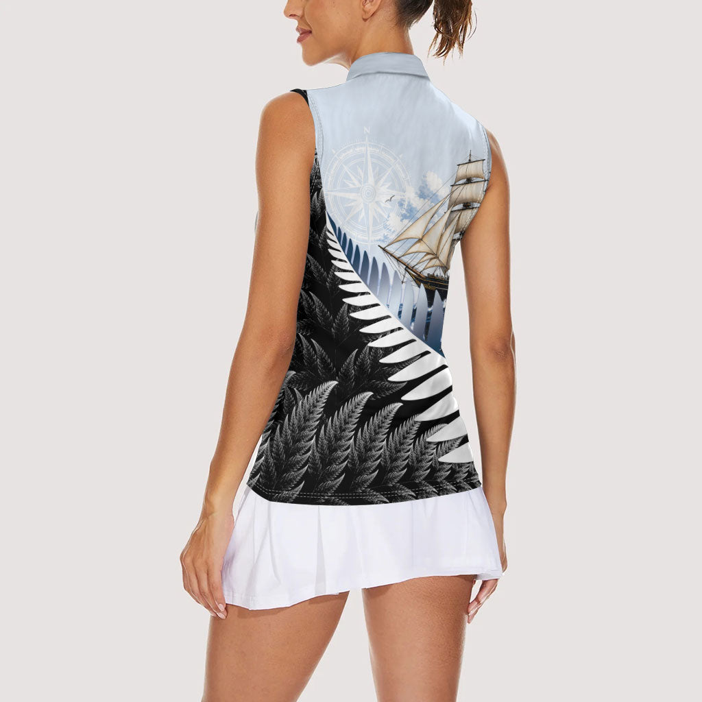 Personalised New Zealand Pakeha Women Sleeveless Polo Shirt Kiwi Silver Fern and Sailing Ship Compass
