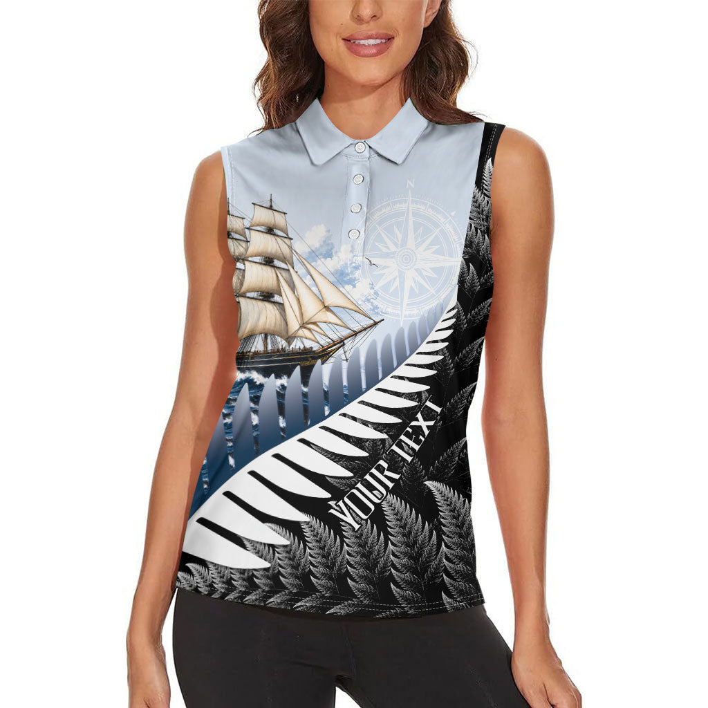 Personalised New Zealand Pakeha Women Sleeveless Polo Shirt Kiwi Silver Fern and Sailing Ship Compass